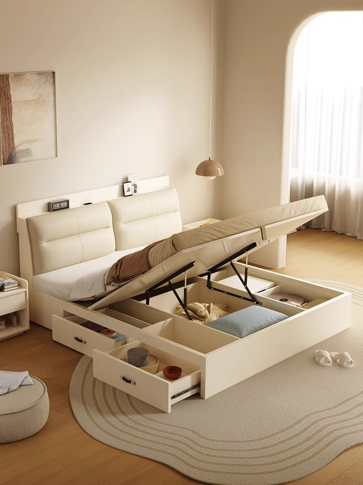 [Pre-order] Nordic Cream White Wooden Storage Bed (1.5/ 1.8m) – with Soft Headboard, Bedside Table and Mattress-Smart-Living