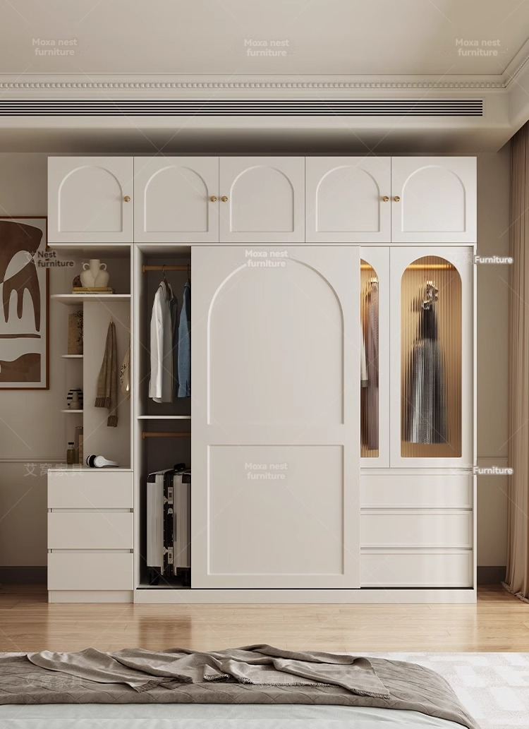 【Pre-order】French cream style wardrobe sliding door modern simple household bedroom sliding door solid wood multi-layer board storage closet-Smart-Living