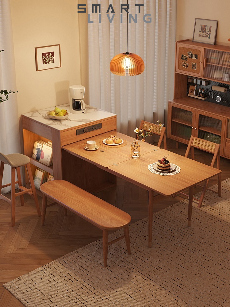 [Showroom display sample]Warner's Rock Slate Mid Island Table Folding Dining Table with One Piece Solid Wooden Legs Small Japanese Telescopic Dining Table and Chairs Set-Smart-Living