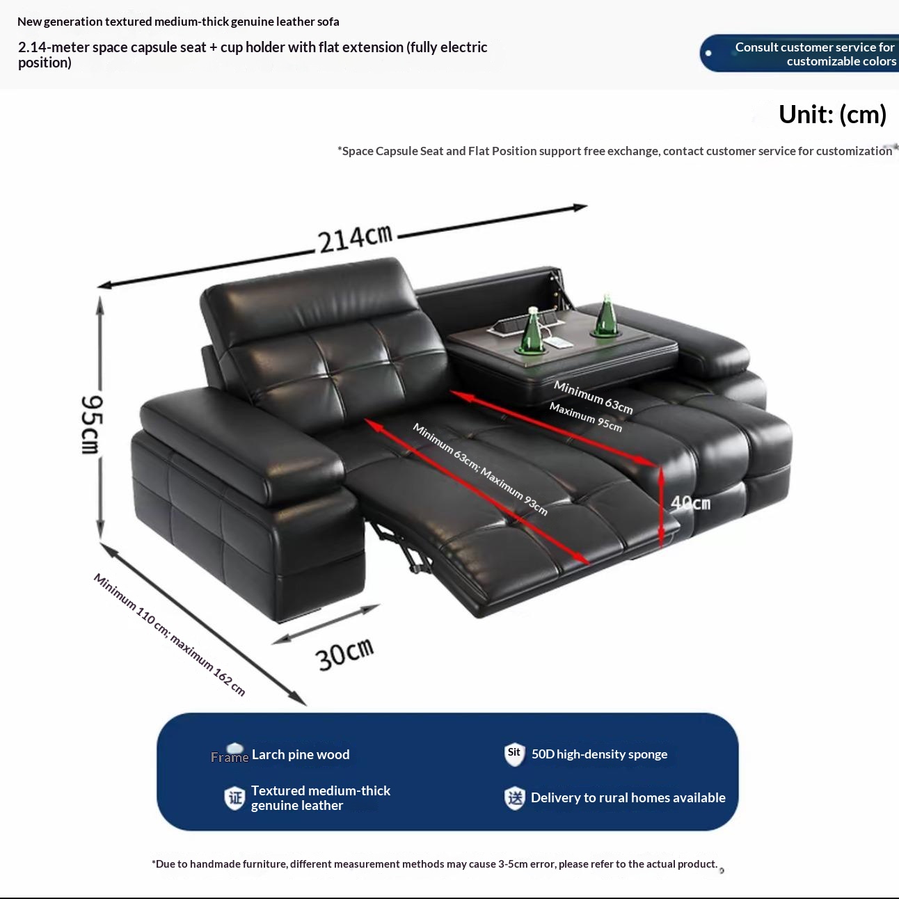 pre order Black Leather Reclining Sectional Sofa – L-Shaped with Cup Holder Table