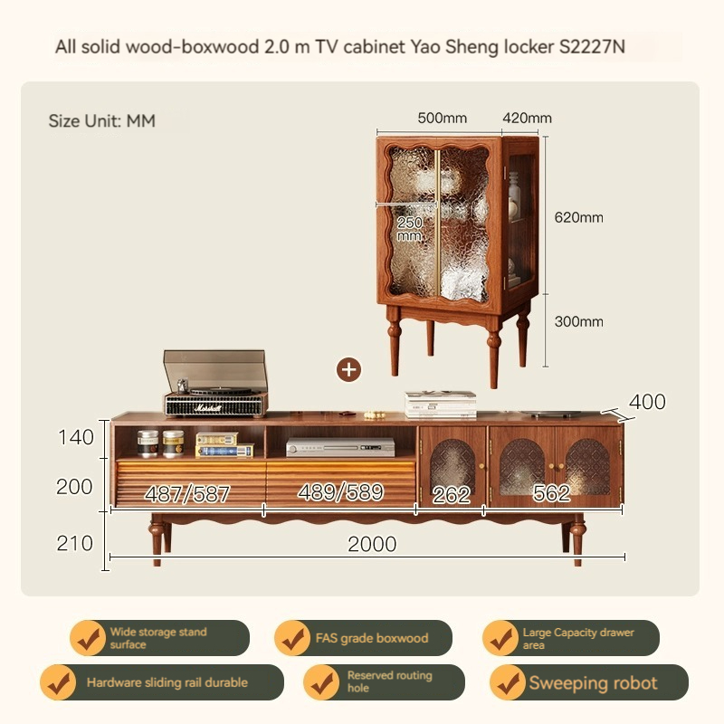 [Pre-order]  Solid wood TV cabinet combination French retro living room, boxwood household storage cabinet, glass door storage cabinet in one-Smart-Living