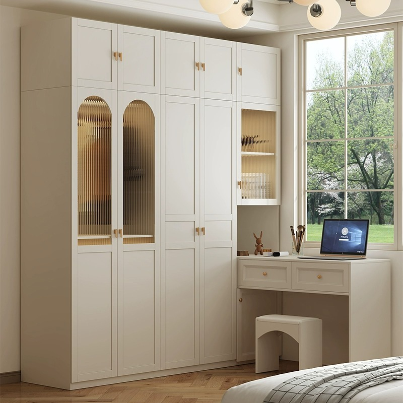 [Pre-order]  Wardrobe home bedroom modern minimalist combination with glass door storage cabinet French light luxury cream style locker-Smart-Living