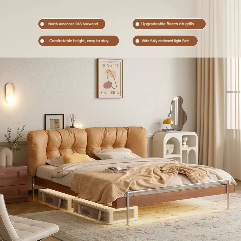 [Pre-order]  Solid wood upholstered bed, suspended vintage master bedroom bed, small household, home 1.5m modern simple fabric, 1.8 double bed-Smart-Living