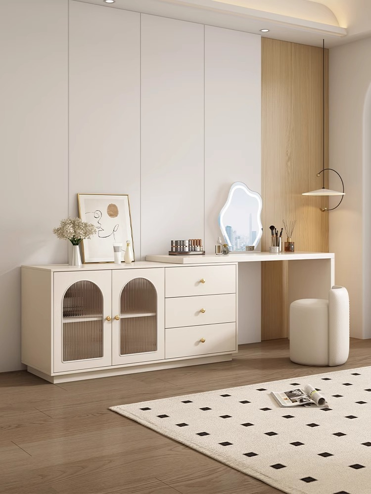 [Pre-order] Oulang solid wood cream style dresser desk integrated combination bedroom Internet celebrity rotatable dressing table computer desk-Smart-Living