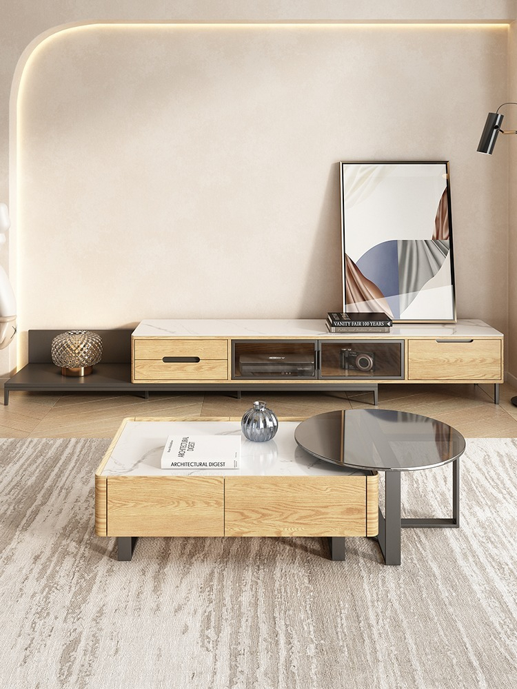 [Pre-order] Nordic slate high and low coffee table TV cabinet combination simple modern living room furniture light luxury small apartment storage tea table-Smart-Living