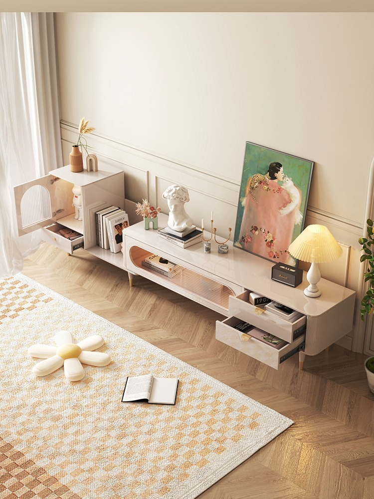 [Pre-order]  French telescopic TV cabinet sideboard modern simple small apartment light luxury storage coffee table combination high-end sense-Smart-Living