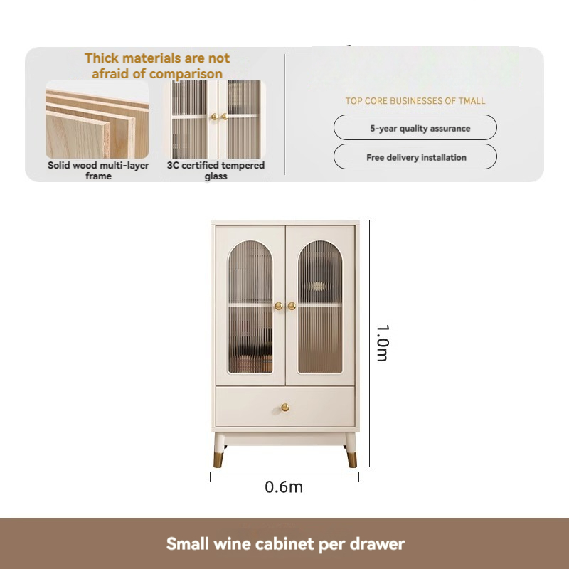 [Pre-order] Oulang Cream style living room, solid wood wine cabinet, display cabinet, integrated against the wall, simple modern glass sideboard, storage cabinet-Smart-Living