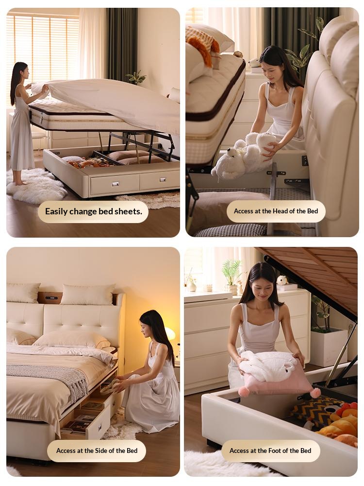 [Pre Order] Multi-Functional High-End Air-Lift Storage Bed for Master Bedroom - Double-Sized Wedding Bed with High Storage Drawer & Genuine Leather Upholstery