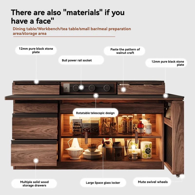 [showroom Pre-order] Italian Minimalist Walnut Solid Wood Extendable Island Dining Table - T/L-Shaped Rotatable Nordic Kitchen Counter