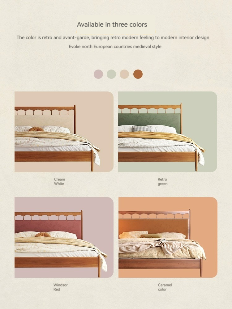 [Pre-order]  Casti French double bed, full solid wood bed, vintage Windsor bed, Nordic cream style, master bedroom, upholstered American furniture-Smart-Living