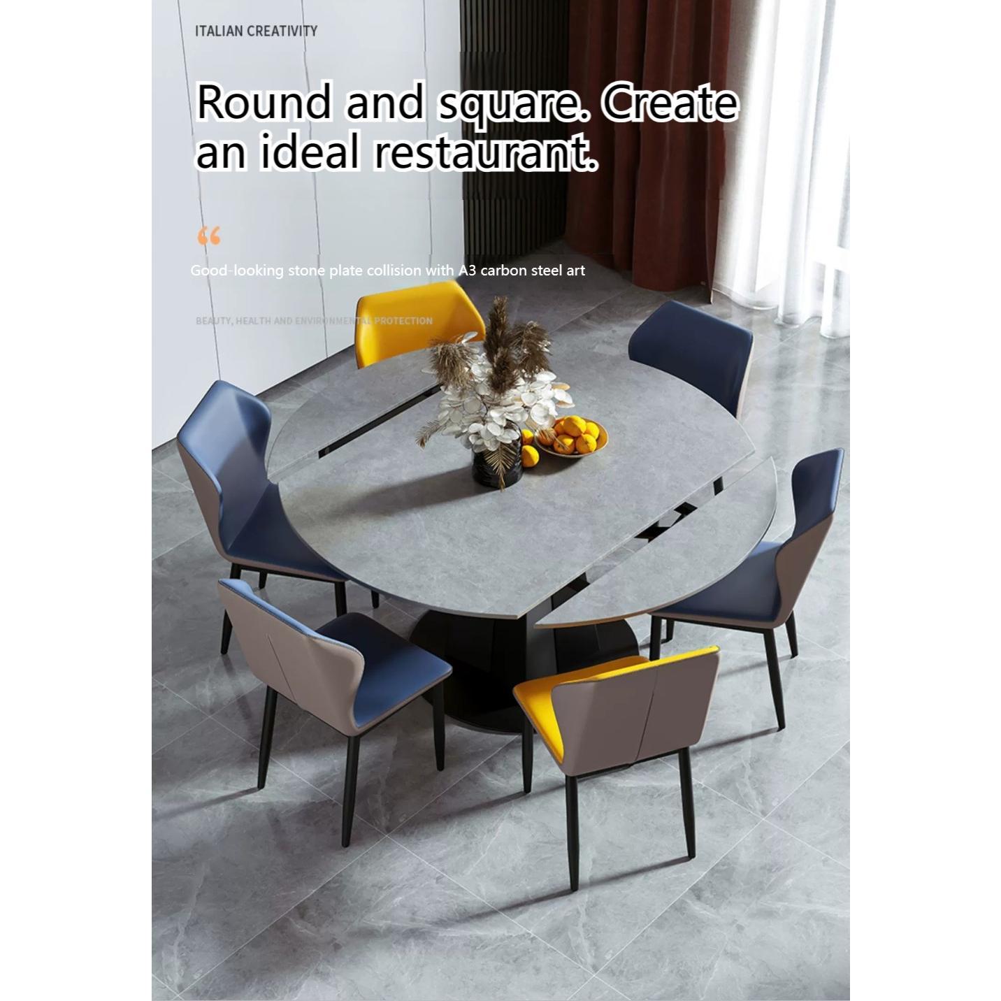 【Showroom】Modern Simple and Scalable Rotating Rock Plate Dining Table, Square and Circular Dual Use Circular Table-Smart-Living