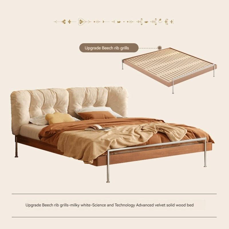 [Pre-order]  Solid wood upholstered bed, suspended vintage master bedroom bed, small household, home 1.5m modern simple fabric, 1.8 double bed-Smart-Living