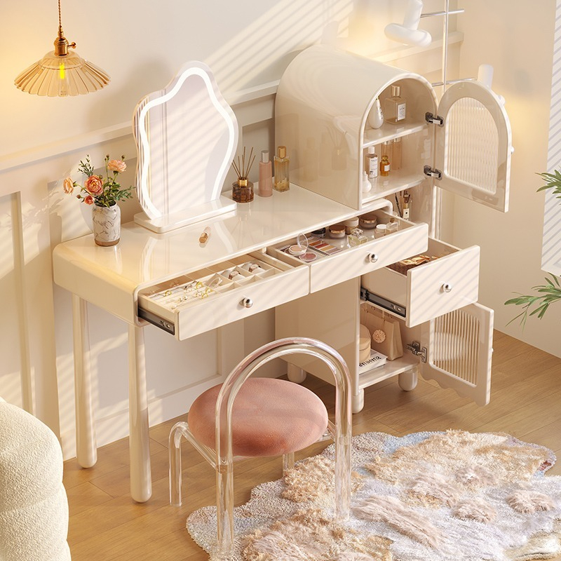 [Pre-order]  Light method retractable dresser, bedroom cream white, modern simple storage cabinet, integrated net celebrity style senior makeup table-Smart-Living