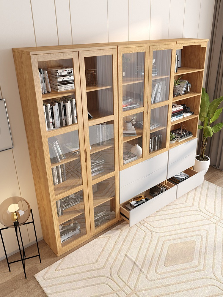 [Pre-order]  Modern minimalist study bookcase with glass door Nordic free combination bookshelf, natural wood color, double door bookcase, storage cabinet-Smart-Living