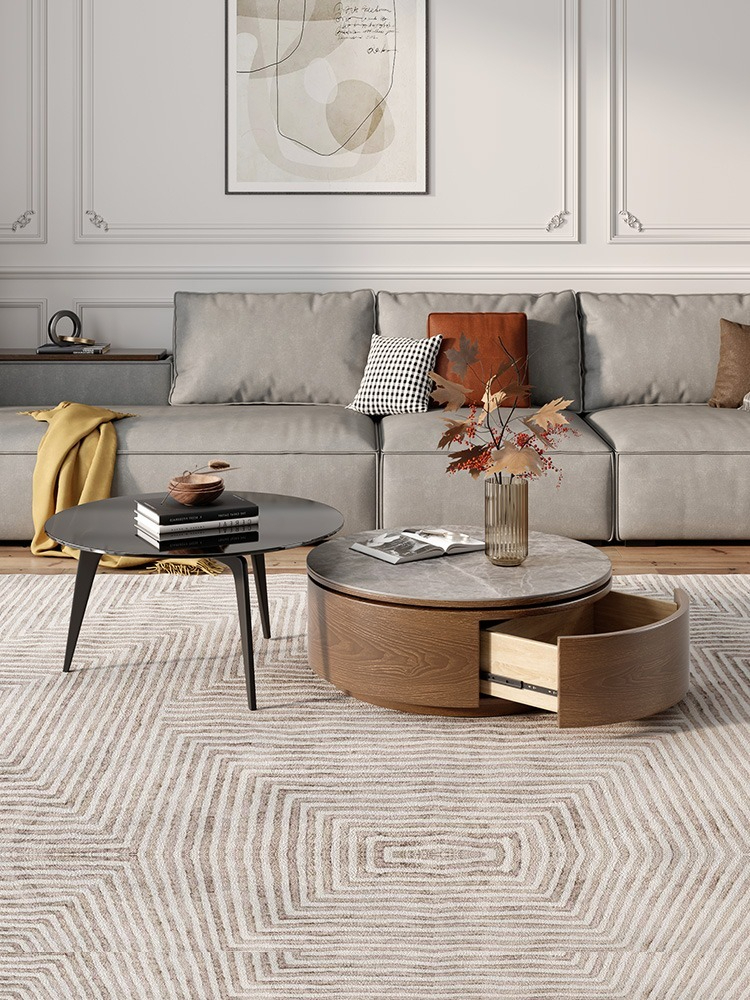 [Pre-order] Minimalist slate coffee table TV cabinet combination Nordic light luxury tempered glass round coffee table simple modern small apartment-Smart-Living
