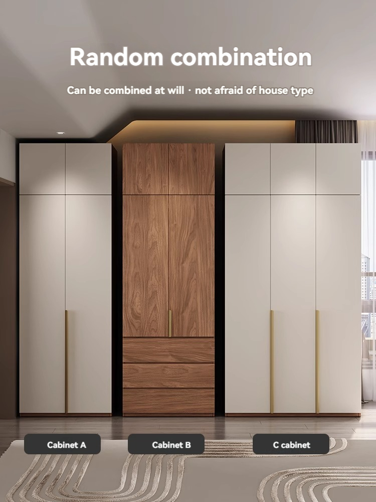 [Pre-order]  Wardrobe home bedroom Nordic style economy modern simple combination of small apartment walnut color finished assembly cabinet-Smart-Living