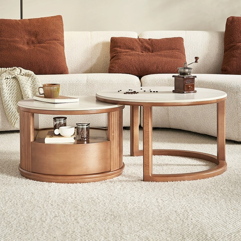 [Pre-order]  Lemas rock slab size round coffee table combination Nordic small apartment living room household telescopic storage round coffee table-Smart-Living