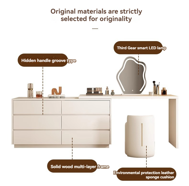 [Pre-order] Oulang solid wood cream style dressing table, desk, integrated bedroom dressing table, storage cabinet, white desk, office desk-Smart-Living