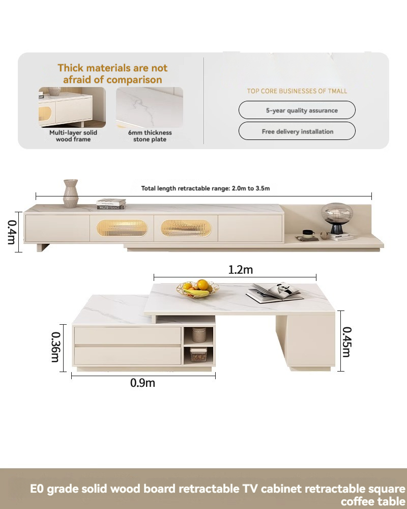 [Pre-order] Oulang 2024 New Solid Wood Rock Slab Retractable TV Cabinet Coffee Table Combination Modern Simple Floor Cabinet White Floor Cabinet-Smart-Living