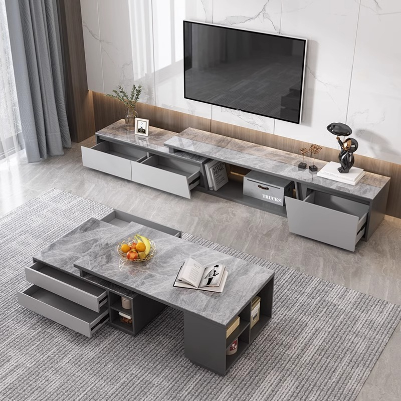 [Pre-order] Oulang Scandinavian simple modern living room household coffee table TV cabinet combination small household telescopic rock plate tea table-Smart-Living