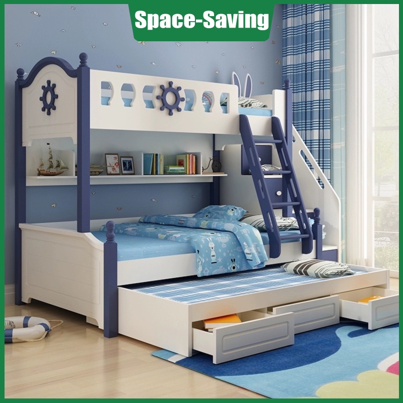 [Pre-order]  High and low bed children's bunk bed adult small apartment double bed staggered two-layer multi-functional blue bunk bed-Smart-Living