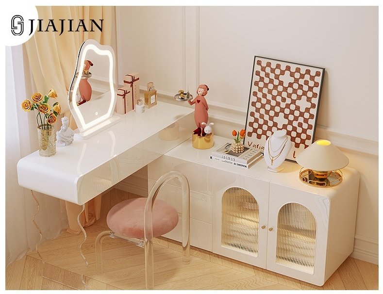 [Pre-order]  Cream style dresser storage cabinet integrated acrylic French light luxury dressing table, modern simple telescopic makeup table-Smart-Living