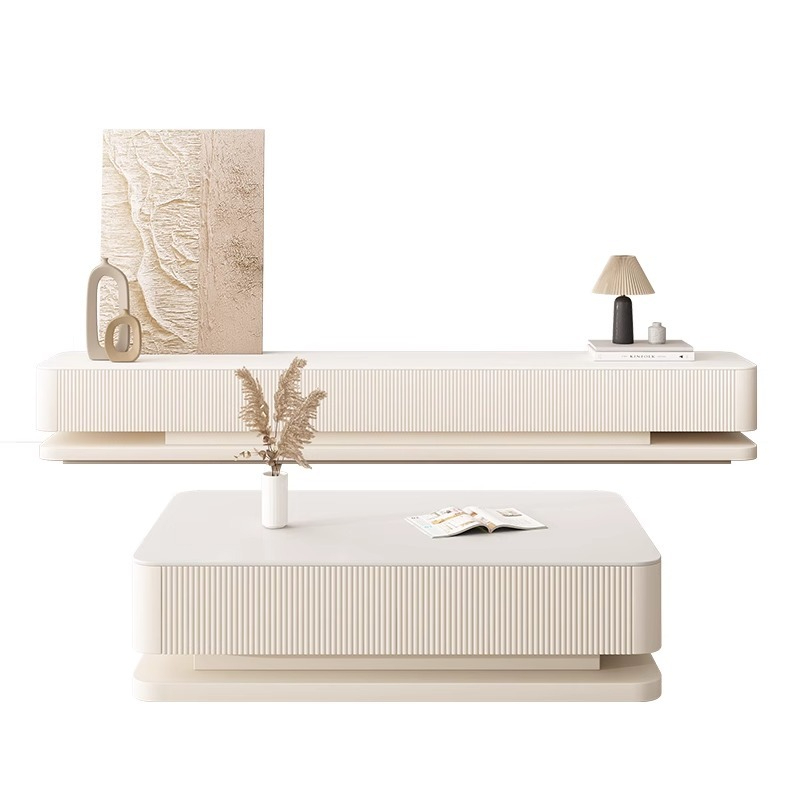 [Pre-order] Rock panel coffee table TV cabinet combination 3m living room floor cabinet Modern simple cream wind light luxury senior small household-Smart-Living