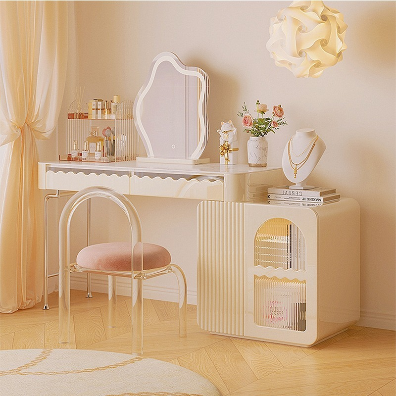 [Pre-order]  Light luxury stone slab dresser, French cream bedroom, modern INS small apartment telescopic dressing table, storage cabinet in one-Smart-Living
