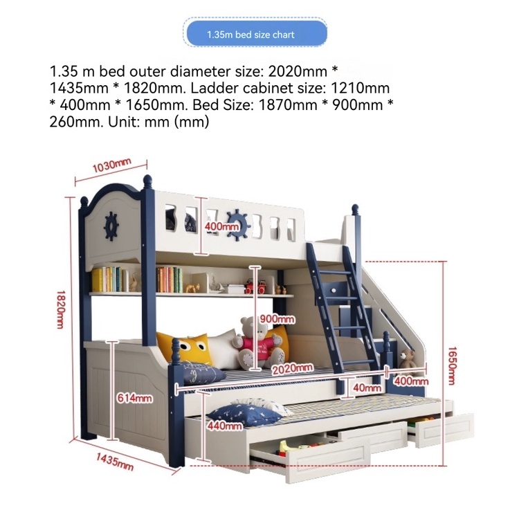 [Pre-order]  High and low bed children's bunk bed adult small apartment double bed staggered two-layer multi-functional blue bunk bed-Smart-Living
