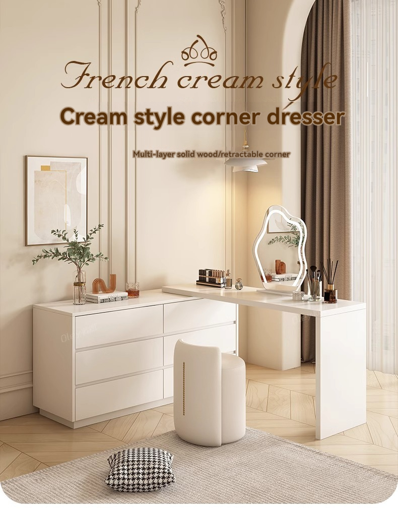 [Pre-order] Oulang solid wood cream style dressing table, desk, integrated bedroom dressing table, storage cabinet, white desk, office desk-Smart-Living