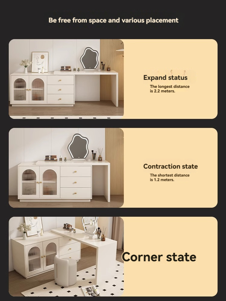 [Pre-order] Oulang solid wood cream style dresser desk integrated combination bedroom Internet celebrity rotatable dressing table computer desk-Smart-Living