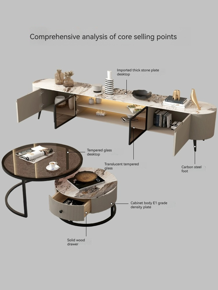 [Pre-order]  Italian Minimalist Light Luxury Slate Coffee Table TV Cabinet Combination - Living Room Household - Small Apartment - Simple Modern Floor-Standing Cabinet-Smart-Living