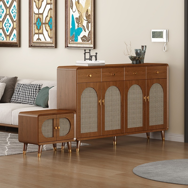 [Pre-order]  High foot shoe cabinet home door living room wall storage hall cabinet into the household retro imitation rattan storage partition cabinet-Smart-Living