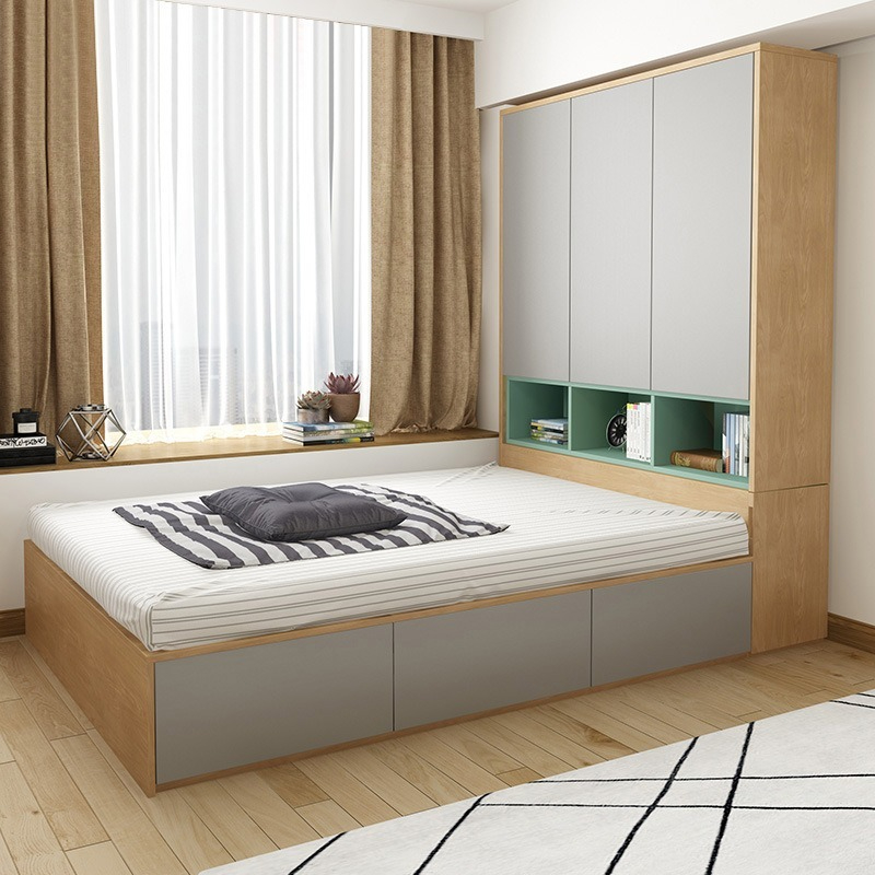 Nordic modern minimalist double bed 1.2m/1.5m tatami bed board style wardrobe bed high box storage bed-Smart-Living