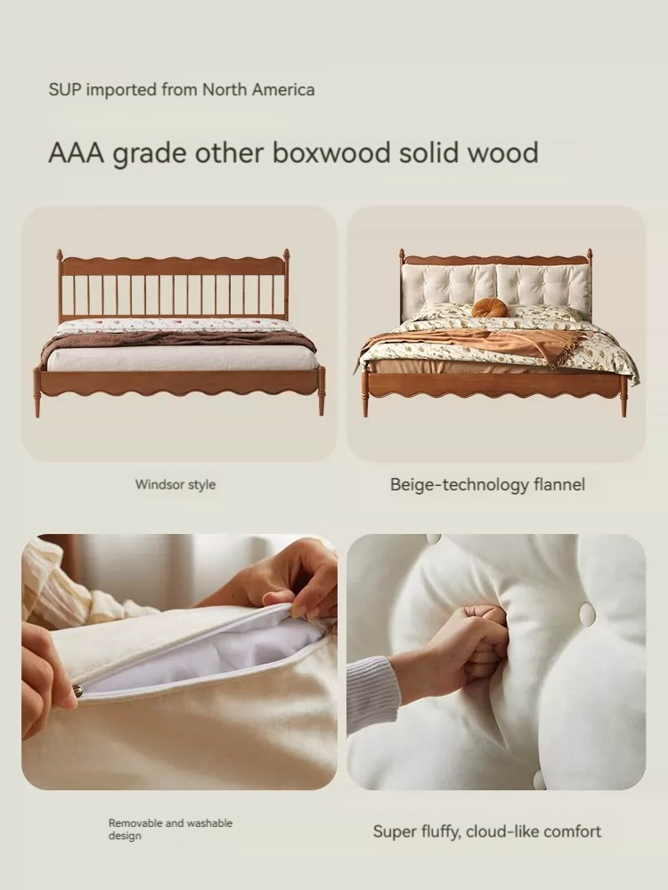 [Pre-order]  French vintage full solid wood bed, master bedroom, Windsor simple modern small apartment upholstery, American antique cream double bed-Smart-Living