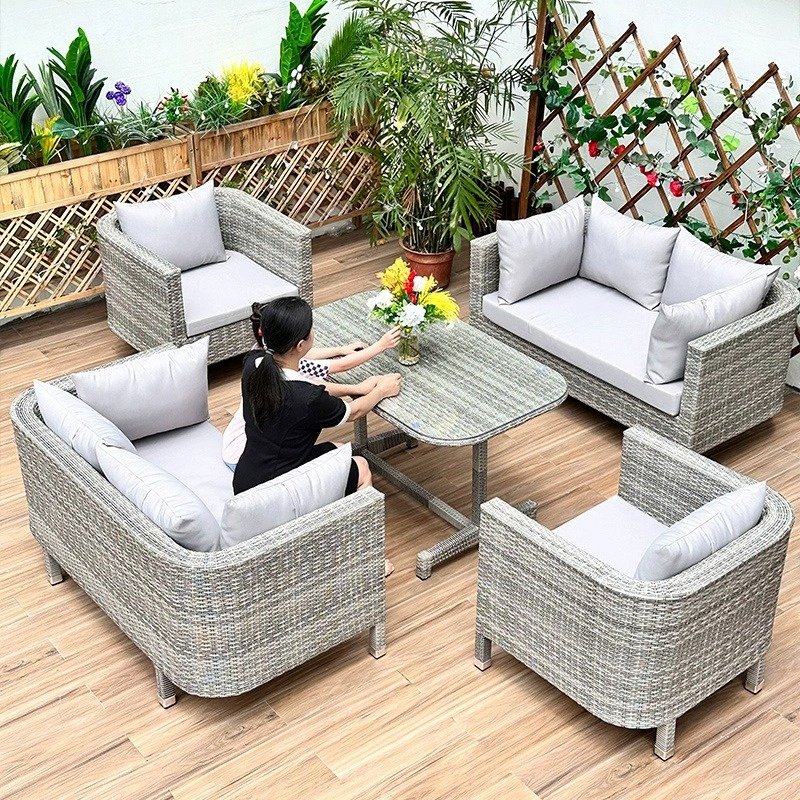 Outdoor Rattan Sofa, suitable for outdoor patio, courtyard, sunroom. It can also serve as a storage table and chair set for villas and balcony seating. Perfect for enjoying the outdoors in a garden or terrace.-Smart-Living