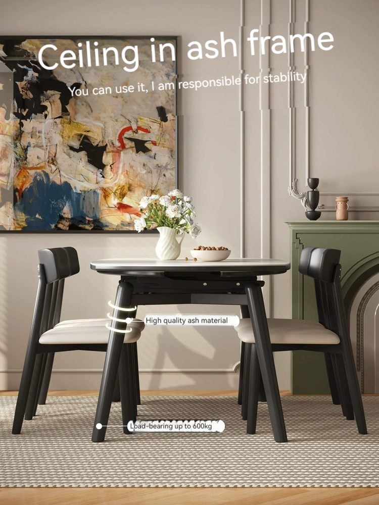 [Pre-order] Solid wood table modern simple telescopic dining table and chair combination variable round table and square dual use light rock plate table-Smart-Living