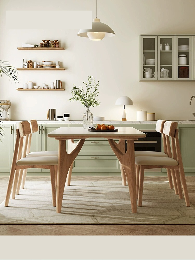 [Pre-order] Solid wood rock plate dining table small apartment style cream wind dining table simple modern Nordic log rectangular dining table and chair combination-Smart-Living