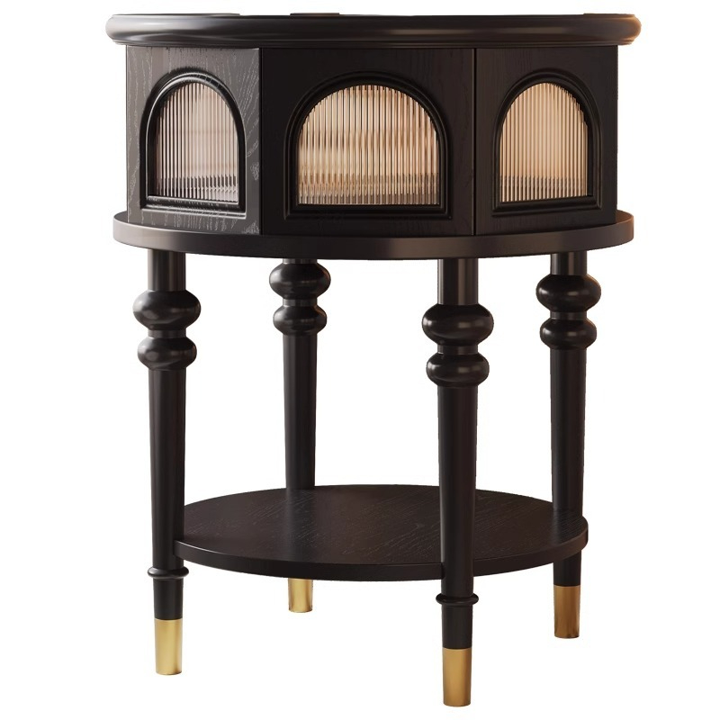 [pre order]French vintage black solid wood glass side table against the wall sofa storage cabinet bedroom modern simple luxury bedside table-Smart-Living