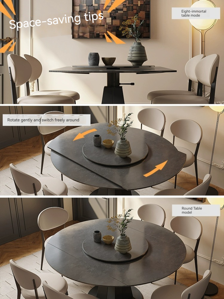 [Pre-order]  Combination of slate dining table and chairs, modern simple small household revolving dining table, multi-functional retractable round dining table-Smart-Living