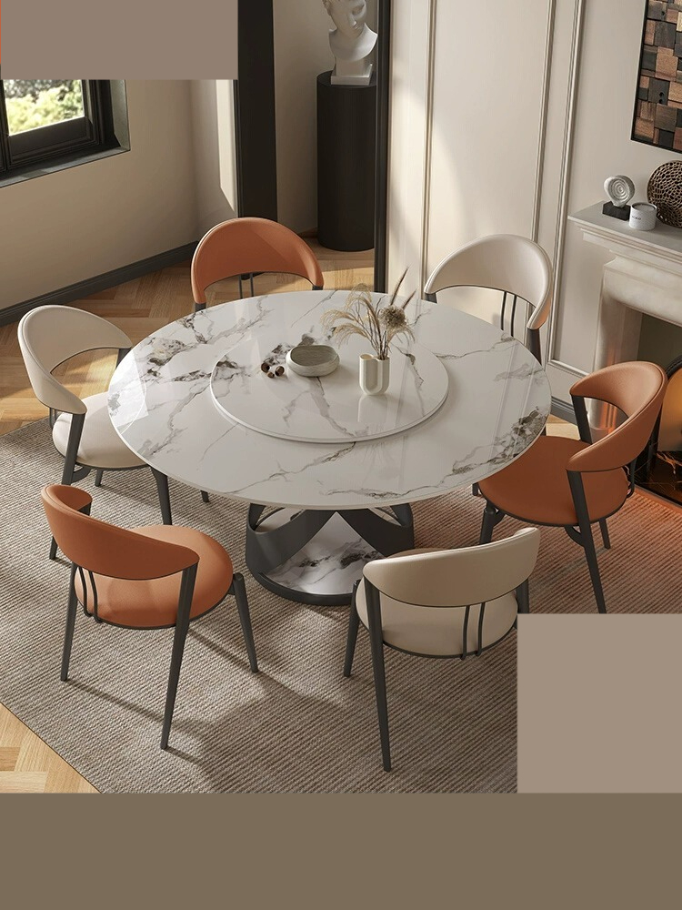 [Pre-order] Table light luxury modern simple small family table with turntable dining table and chair combination light rock plate round table-Smart-Living