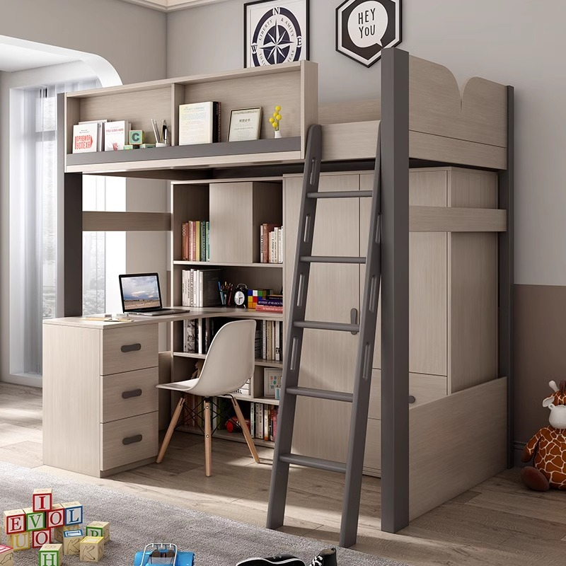 [Pre-order]  Nordic bed under table combination bed small unit children's desk bed integrated multi-function wardrobe bed elevated bed boys-Smart-Living