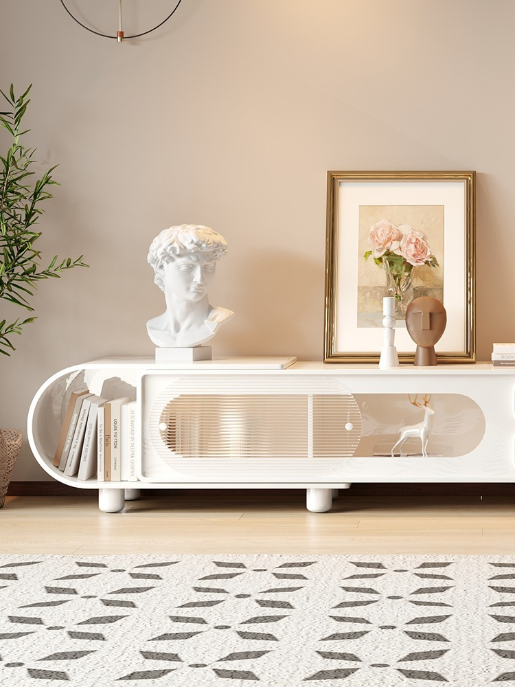 [Pre-order]  Telescopic TV cabinet sideboard combination cream style modern simple home living room small apartment white storable floor cabinet-Smart-Living