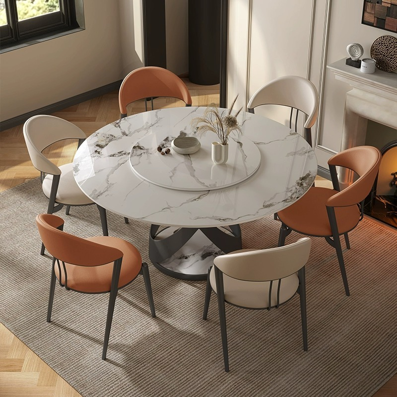 [Pre-order]  Light luxury dining table, modern minimalist small unit dining table, household with turntable, dining table and chair combination, bright rock plate round dining table-Smart-Living