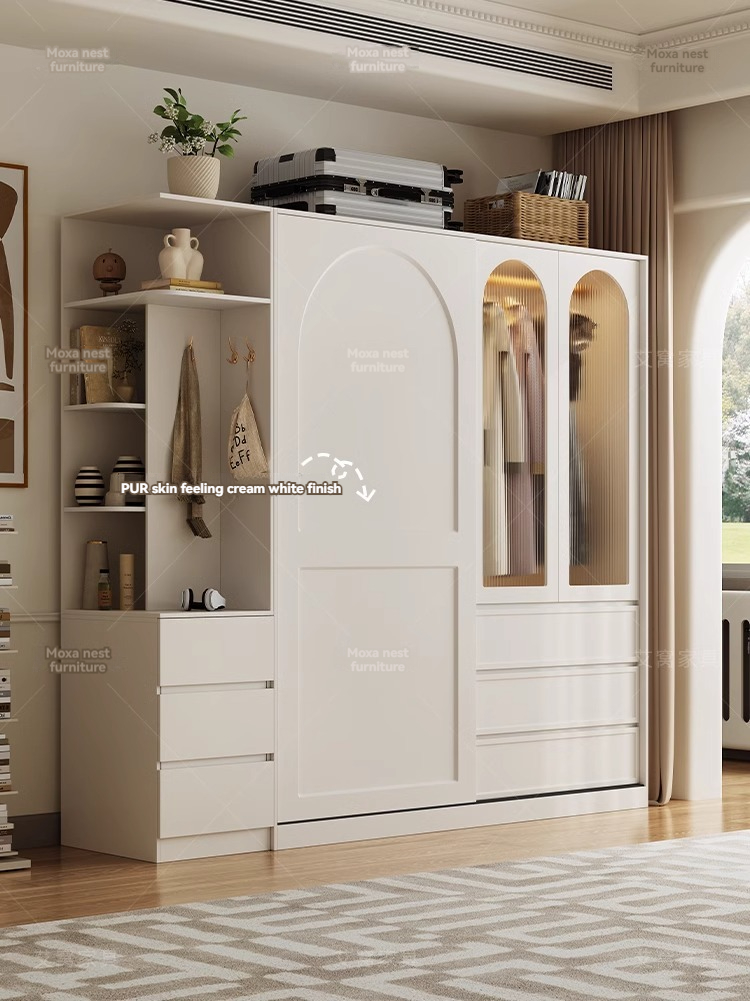 【Pre-order】French cream style wardrobe sliding door modern simple household bedroom sliding door solid wood multi-layer board storage closet-Smart-Living