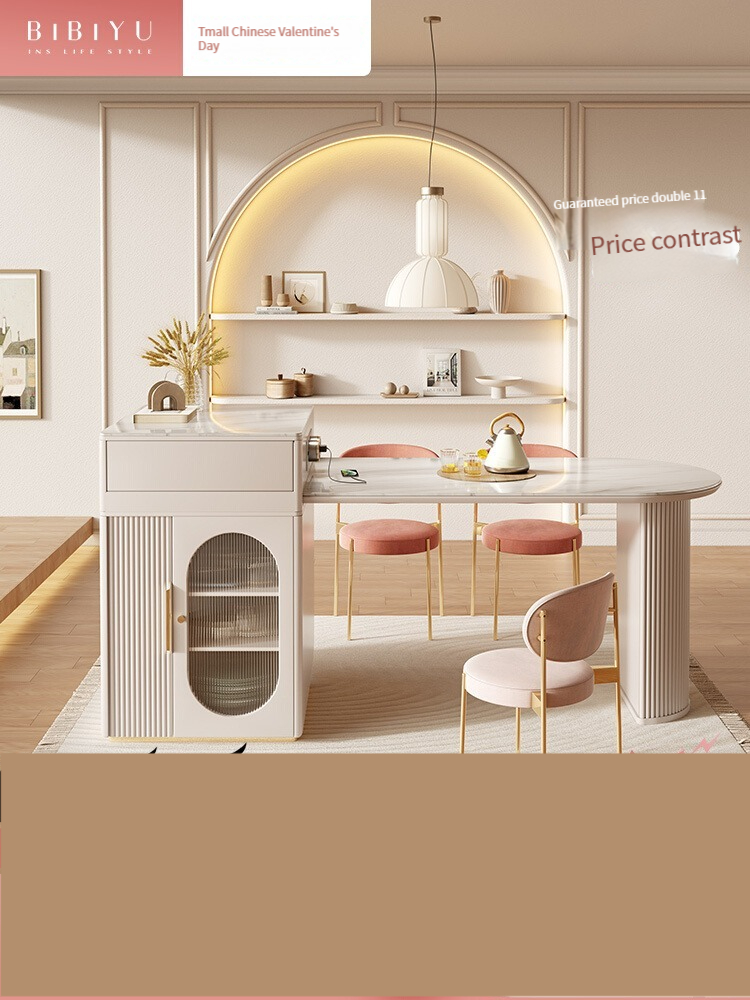 [Pre-order]  Light luxury cream wind island platform slate dining table restaurant home modern simple storage integrated dining table and chairs telescopic dining table-Smart-Living