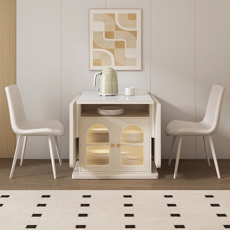 [Pre-order] Oulang Cream style folding dining table, simple modern home slate dining table, island cabinet, integrated dining room, intelligent storage dining table-Smart-Living