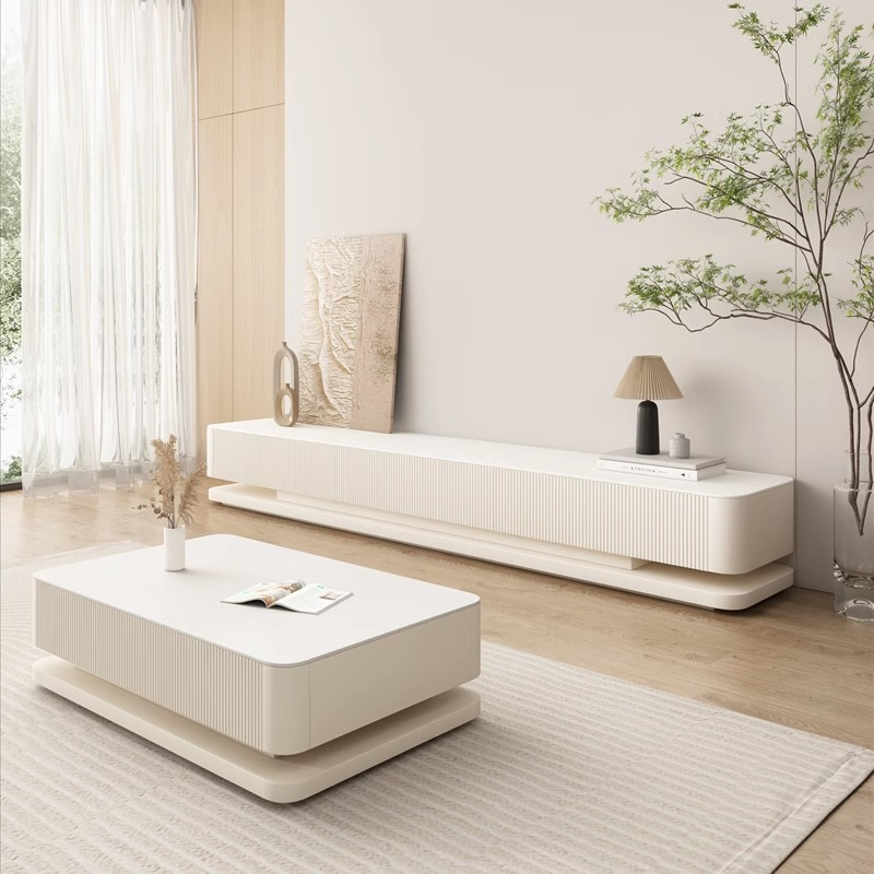 [Pre-order] Rock panel coffee table TV cabinet combination 3m living room floor cabinet Modern simple cream wind light luxury senior small household-Smart-Living