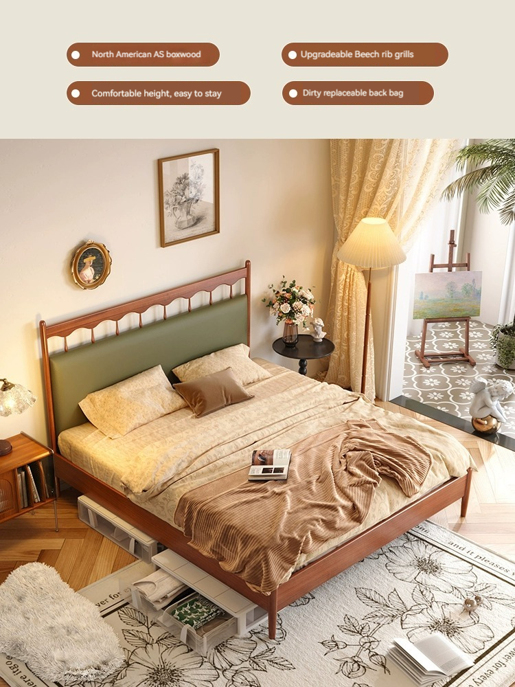 [Pre-order]  Casti French double bed, full solid wood bed, vintage Windsor bed, Nordic cream style, master bedroom, upholstered American furniture-Smart-Living