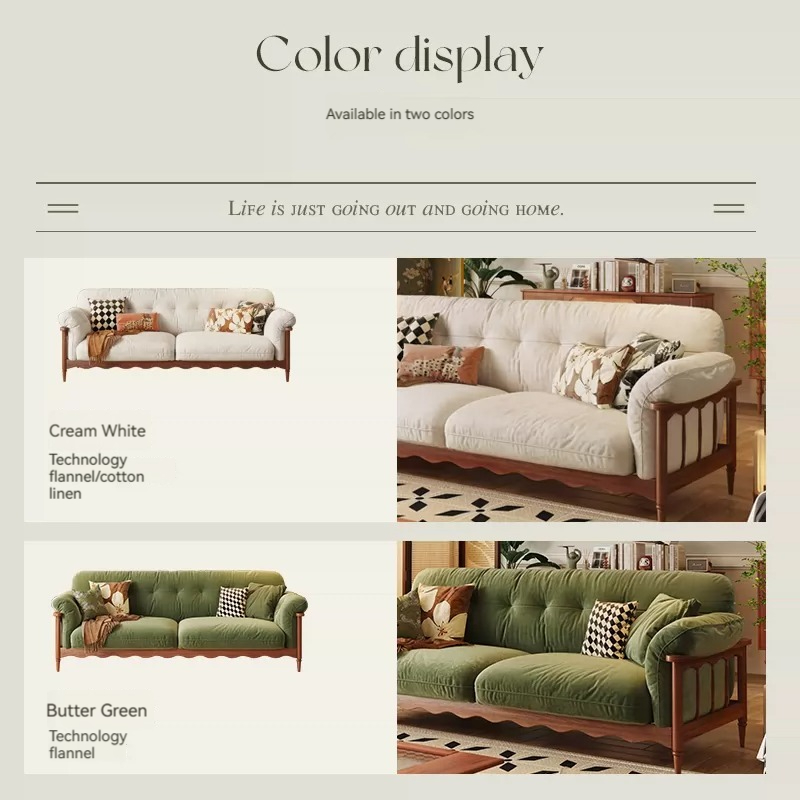 [Pre-order]  French solid wood sofa, vintage fabric cloud, three-seater small house, American log antique cream inline sofa-Smart-Living